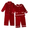 Småbarnsknapp ner Red Velvet Fabric Lace Boutique Christmas Pyjamas Girl Set Luxury Nighties Pyjamas 220426