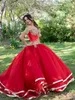 Muhteşem kırmızı quinceanera omuz dantelli aplike boncuklu balo elbisesi vestidos de quinceanera sevgilisi 15 tatlı 16