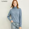 Amii moda de invierno cuello alto sólido suave cremoso-suéter azul mujer causal mangas completas jersey de punto suave tops 11970812 201224