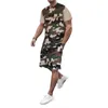 New Camouflage Splicing Tracksuits For Mens Fitness Training T shirts And Sports Drawstring Shorts Running 2 Piece Sets 2293