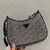 Cleo Faux Crystal Implished Satin Shouther Bag Hobo 여성 어깨 가방 반짝이는 모조 다