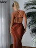Kliou Ribbled Lace Up Maxi Plord Женщины сексуальные сплошные рукавов без спинки формы тела вырезанная юбка для вечеринки клубная одежда женщина Вестидо 220630