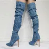 Высококачественная женская мода заостренная нога Blue Denim Over Tone Boots Patchwork Long High Heel Boots Boots Boot