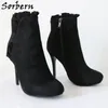 Sorbern Black Faux Suede Pleated Boots Women Ankle High Stilettos High Heel Round Toe Side Zipper Custom Service Size Eu33-48