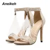Aneikeh Kadın Sandalet Pompaları Yaz Marka Kürk Rhinestone Tüy Yüksek Topuk Beyaz Düğün Ayakkabı Kayısı 0227