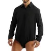 Men's G-Strings Mens Office Casual Bodysuit One-piece Turn-down Collar Long Sleeves Button Down Solid Color Shirt TopsMen's