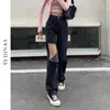 Yedinas Style coréen avant et arrière trous jean femmes noir Denim pantalon Vintage taille haute droite dames Bf Streetwear 210527