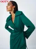 OOTN V-Neck Satin Wrap Elegant Long Dress Women Fashion Green Summer A-Line Mid-Cal Dresses Split Sexy Dress Office Lady 220511
