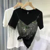 4XL Plus Size Chic Summer Diamond Short Sleeve T Shirt For Women Casual Solid Color O Neck T-shirt Ladies Streetwear Tees Top 220407
