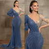 UPS 2022 Novos Vestidos de Noite Azul Jóia Decote Frisado Lantejoulas Renda Manga Longa Vestido de Baile Sereia Vestido de Baile Sweep Train Personalizado Illusion Robes De