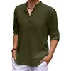 القمصان غير الرسمية للرجال قميص رين من الكتان القطن اليومي قميص طويل الأكمام الهبي الشاطئ الزر المنشعب