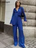 Sumuyoo Office Ladies Satin Blue Tailleur pantalone Camicia lunga e pantaloni Set da 2 pezzi Completi da donna Pantaloni larghi casual Pantaloni Suit 2022 T220729