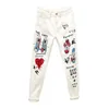 Women's White Skinny Denim Pants Cartoon Graffiti Printed Stretch Jeans Summer Autumn Slim Body Pencil Ladies Jeans