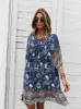 Partykleider Boho Damen Minikleid Sommer Blumendruck Kurz Lässig A-Linie Halbarm Schnürurlaub Sommerkleid VestidosParty