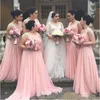 Elegant Pink Bridesmaid Dresses Long Chiffon Gown Tan Country Style Beach Maid Of Honor Party Gowns Wedding Formal Wear