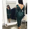 Bir Adet Koyu Yeşil Uzun Kollu Mermaid Gelinlik Çay Boyu V Kesim Backless Sequins Abiye Kadınlar Örgün Giyim Vestido