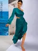 Lovelemonade Sexy Green Off-the Ramulder Cutout Ruffled Refleksyjne Satin Party Maxi Dress LM82202-1 Green 220507