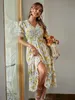 Vacances col en v manches bouffantes à volants imprimé robe d'été femmes florale taille haute robes longues a-ligne élastique plage vestido 220511