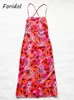 Foridol Backless Criss-cross Red Long Floral Dress Robe Female Sundress Sleeveless Boho Maxi Spaghetti Strap Lady Elegant Dress 220511