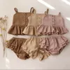 Baby-Mädchen-Anzüge Sommerkleidung Tops + Shorts Weste Harness Falbala Baumwollwäsche Leinenfarbige Outfits Bebe Säuglingskleidungssets 220326