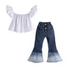 Mädchen-Designer-Kleidungssets für Kinder, Sommer, schulterfreie Oberteile, Cowboy-Schlaghosen, Anzüge, trägerlose Fliegenärmel, Boob-Tube-Tops, Schlaghosen, Jeans-Outfits