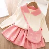 Baby Girl Clothes 0-5Y Winter Warm Knitted Sweater Suit Strawberry Cardigan Jacket Two-Piece Pleated Skirt 220326