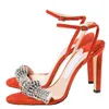 Elegant 2021S kvinnor Thyra Crystal Strappy High Heels Calfskin Black Red Suede Straps Round Toe Lady Brands 2021 Shoes