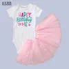 Flickans klänningar Happy Birthday Girl Born Summer Short Sleeve Tulle Tutu Dress kjol Set Infantile Clothes Toddler Första 1: a 2: a söta