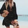 Mutade feminina Boho Casual Sexy Beach Bathing Biquini Coverp ups Mulheres Manga longa V Pescoço Floral Lace High Cídica Veja através de Mini Dresswomen