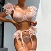 BH-Sets 3-teiliges zartes Feder-Spitze-Dessous-Set für Damen, sexy erotische Outfits, Strumpfbänder mit Kette, Porno-Intim-Sets