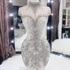 2022 Plus Size Arabic Aso Ebi Luxurious Beaded Crystals High Mermaid Bridal Dresses Sheer Neck Wedding Gowns Asdf 0515