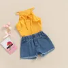 Clothing Sets 2Pcs Girls Summer Outfit Solid Color Flounce Sleeveless Tank Tops Frayed Denim Shorts For Kids 2-7 YearsClothing