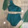 Maillot de bain femme couleur unie dame une épaule festonnée taille haute Bikini ensemble maillot de bain deux pièces