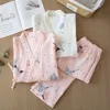 Wiosna i Lato Czysta Bawełniana Przędza Kimono Piżamy V-Neck Drukowanie Plus Size Pijama Mujer Loungewear Kobiet 2-częściowy Pleaswear 220329