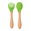 Kids Fork Silicone Food Grade Solid Color Safety Wood Baby Food-Feeding Tool Children Tableware Utensils Non-Slip Dinner Fork