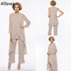 3 Pieces Elegant Chiffon Mother Of The Bride Dresses Suits Set With Long Sleeve Jacket Cape Full Length Pants Summer Wedding Mother Formal Party Wear Simple CL0820