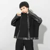 Patchwork PU Deri Siyah Büyük Boy Ceket Kadın Sonbahar Kış 2021 Fermuar Gevşek Nedensel Katlar Ceketler Vintage Giysiler HARDIGAN L220728