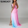 Vrouwen ombre kleur hoge spleet maxi jurk sexy spaghetti riem bodycon lange jurk elegante avondfeestjurk 220509