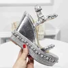 2022 Sandały nitów damskich Slingback wysokie obcasy luksusowe cekinowe cekinowe moda klasyczna płótno skórzana platforma Rivet Buty Rozmiar 34-41