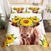 Highland Cattle Duvet Cover Set Cute Floral Cow Twin Bedding Yellow Sunflower Print Comforter Animal Theme Quilt