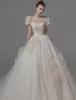 2022 Modest Nya Lace Appliques Bröllopsklänningar En linje Sheer Bateau Neckline Se igenom Button Back Long Train Bridal Gown Cap Sleeves