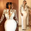 Elegant Ankle Length Evening Dresses High Neck Long Sleeve White Lace Prom Dresses Robe De Soiree Plus Size Formal Party Dress