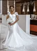 2022 Abito da sposa con scollo a V a maniche corte modesto Abiti da sposa Abiti da sposa da donna in pizzo floreale per la sposa con coda B051626