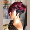 Ombre Bourgogne Red Short Pixie Cut Human Hair Wig Natural Wavy peruker med Bangs brasiliansk remy hår för svarta kvinnor full maskin MA8807081