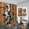 Rideau de douche en tissu avec roue de chariot rustique, vache drôle, ferme de fleurs de campagne, Animal mignon, ferme en bois, décor de salle de bain, tapis de bain, 220429