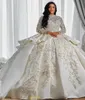 Luxurious Arabic Style A Line Wedding Gowns Long Sleeves Plus Size Puffy Train Princess Sparkly Sequins Bridal Party Dresses Robe De Marriage EE