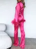 Sexy Feder-Crop-Tops und geteilte Hosen, zweiteilige Sets, Damenmode, ausgestellte lange Ärmel, Krawattenbluse, hohe Taille, Hosenanzüge 220621