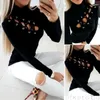 Kvinnors T-shirt Märke 2022 Kvinnor Lace-up Eyelet Hollow Out Långärmad Ladies Casual O-Neck Solid Svart Slim Fit Tops