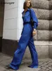 Sumuyoo Office Ladies Satin Blue Pantsuits Long Shirt and Pants 2 Piece Sets Women Outfits Casual Wide Legs Pants Suit 2022 T220729