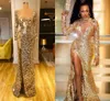 Gold Sexy Mermaid Evening Dresses 2022 long sleeve High Split Sequined diamonds Plus Size Prom engagement Pageant gown Vestidos De Fiesta